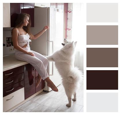 Young Woman Dog Kitchen Image